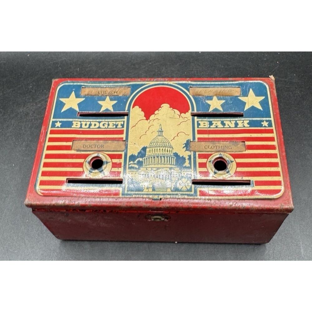 Vintage 1940s Marx Budget Coin Bank Steel Litho US Capital USA With Key America